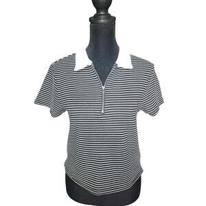 Atelier by Kirious Womens Black White Striped Collared Quarter Zip Crop Top